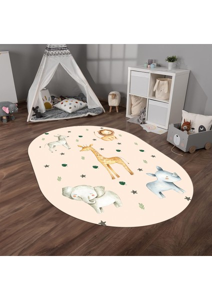 Dijital Baskılı Kaymaz Yıkanabilir Eğlenceli Eğitici Oval Çocuk Odası Halısı, N-O-Çocuk-35-Krem,