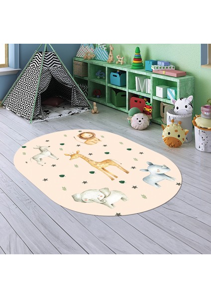 Dijital Baskılı Kaymaz Yıkanabilir Eğlenceli Eğitici Oval Çocuk Odası Halısı, N-O-Çocuk-35-Krem,