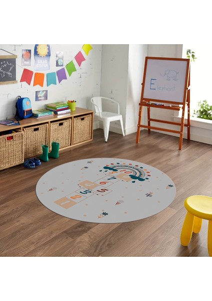 Dijital Baskılı Kaymaz Yıkanabilir Eğlenceli Yuvarlak Çocuk Odası Halısı, N-Y-Çocuk-30-Gri,