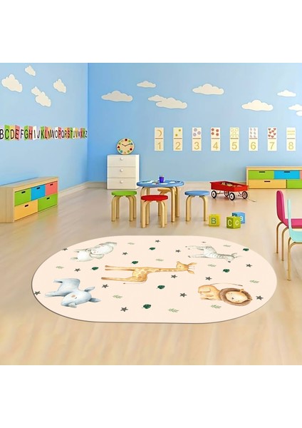 Dijital Baskılı Kaymaz Yıkanabilir Eğlenceli Eğitici Oval Çocuk Odası Halısı, N-O-Çocuk-35-Krem,