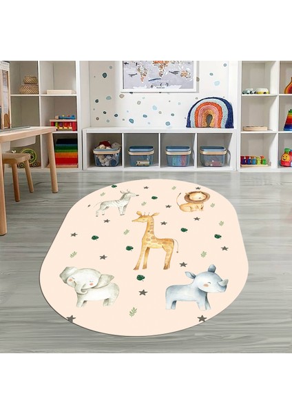 Dijital Baskılı Kaymaz Yıkanabilir Eğlenceli Eğitici Oval Çocuk Odası Halısı, N-O-Çocuk-35-Krem,