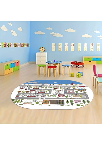 Dijital Baskılı Kaymaz Yıkanabilir Eğlenceli Eğitici Oval Çocuk Odası Halısı, N-O-Çocuk-07-Beyaz,