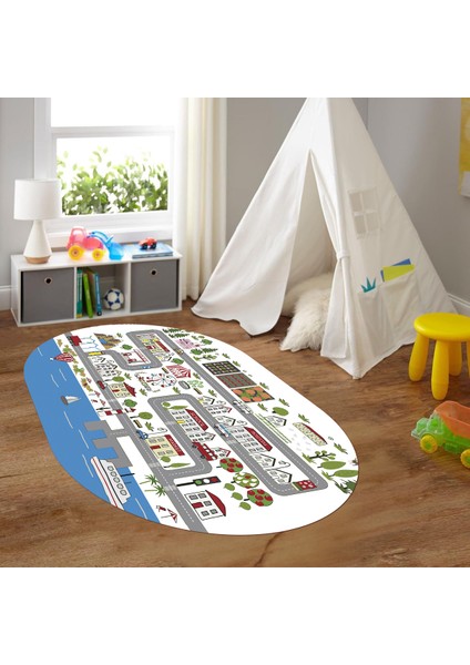Dijital Baskılı Kaymaz Yıkanabilir Eğlenceli Eğitici Oval Çocuk Odası Halısı, N-O-Çocuk-07-Beyaz, modelleri