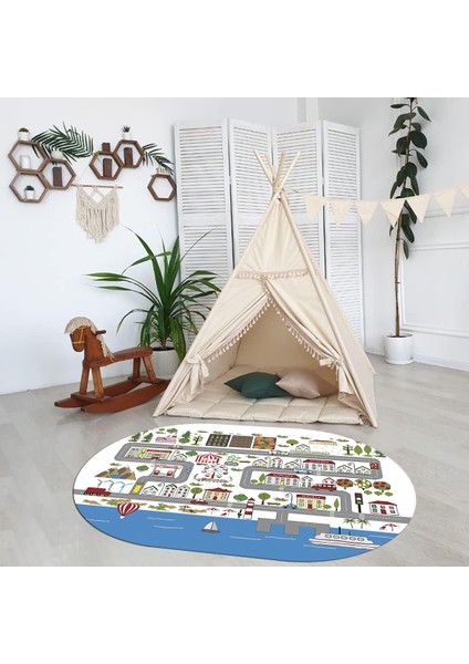 Dijital Baskılı Kaymaz Yıkanabilir Eğlenceli Eğitici Oval Çocuk Odası Halısı, N-O-Çocuk-07-Beyaz, fırsatları