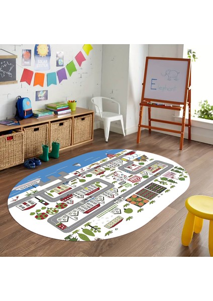 Dijital Baskılı Kaymaz Yıkanabilir Eğlenceli Eğitici Oval Çocuk Odası Halısı, N-O-Çocuk-07-Beyaz, indirimleri