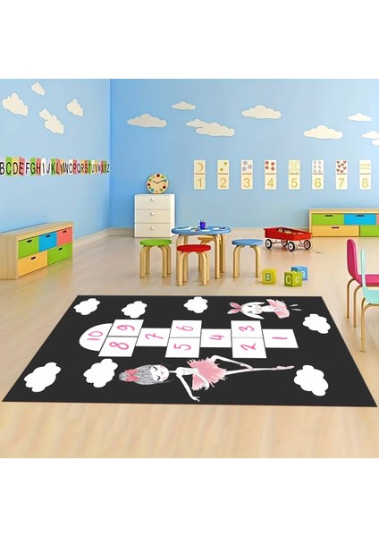 Dijital Baskılı Kaymaz Taban Yıkanabilir Eğlenceli Eğitici Çocuk Odası Halısı, N-Çocuk-04-Antrasit,