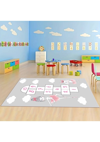 Dijital Baskılı Kaymaz Taban Yıkanabilir Eğlenceli Eğitici Çocuk Odası Halısı, N-Çocuk-04-Gri,