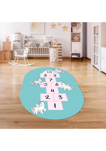 Dijital Baskılı Kaymaz Yıkanabilir Eğlenceli Eğitici Oval Çocuk Odası Halısı, N-O-Çocuk-37-Turkuaz,