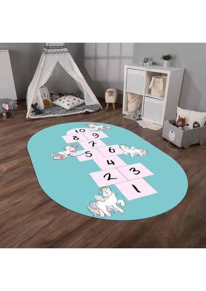 Dijital Baskılı Kaymaz Yıkanabilir Eğlenceli Eğitici Oval Çocuk Odası Halısı, N-O-Çocuk-37-Turkuaz, fiyatları