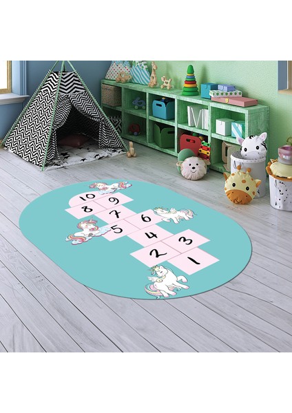 Dijital Baskılı Kaymaz Yıkanabilir Eğlenceli Eğitici Oval Çocuk Odası Halısı, N-O-Çocuk-37-Turkuaz, modelleri