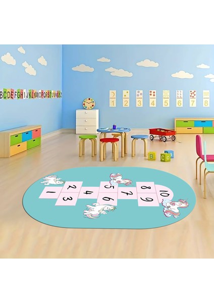 Dijital Baskılı Kaymaz Yıkanabilir Eğlenceli Eğitici Oval Çocuk Odası Halısı, N-O-Çocuk-37-Turkuaz, fırsatları