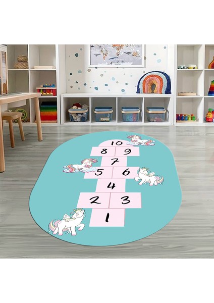 Dijital Baskılı Kaymaz Yıkanabilir Eğlenceli Eğitici Oval Çocuk Odası Halısı, N-O-Çocuk-37-Turkuaz, indirimleri
