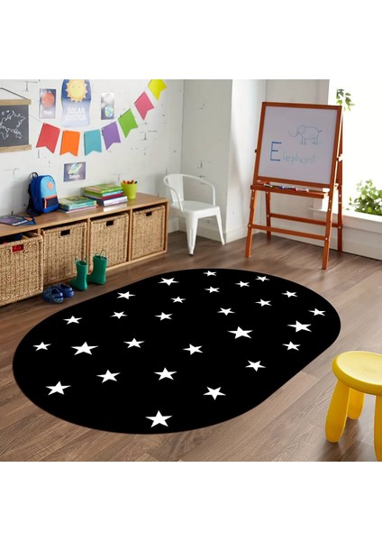 Dijital Baskılı Kaymaz Yıkanabilir Eğlenceli Eğitici Oval Çocuk Odası Halısı, N-O-Çocuk-32-Siyah,