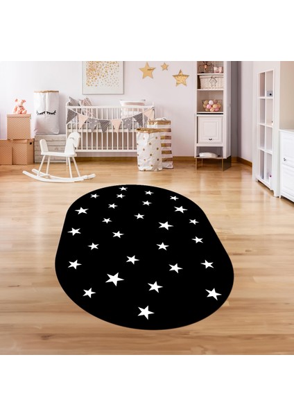 Dijital Baskılı Kaymaz Yıkanabilir Eğlenceli Eğitici Oval Çocuk Odası Halısı, N-O-Çocuk-32-Siyah,
