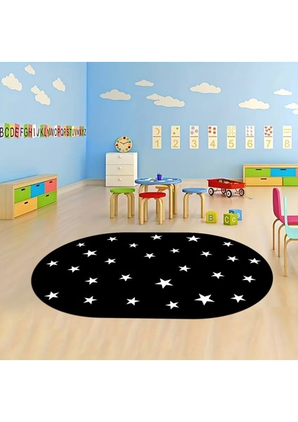 Dijital Baskılı Kaymaz Yıkanabilir Eğlenceli Eğitici Oval Çocuk Odası Halısı, N-O-Çocuk-32-Siyah,