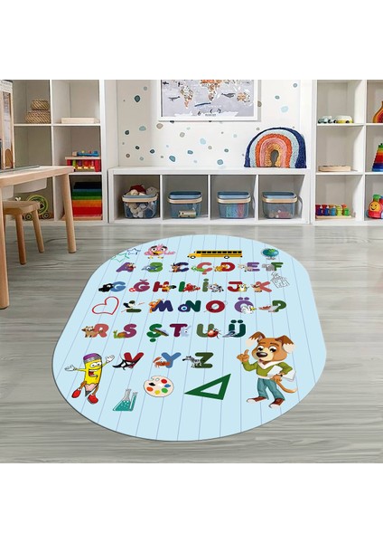 Dijital Baskılı Kaymaz Yıkanabilir Eğlenceli Eğitici Oval Çocuk Odası Halısı, N-O-Çocuk-33-Mavi,