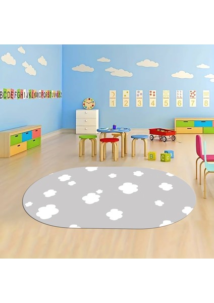 Dijital Baskılı Kaymaz Yıkanabilir Eğlenceli Eğitici Oval Çocuk Odası Halısı, N-O-Çocuk-08-Gri,