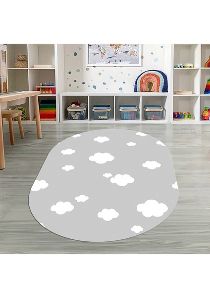 Dijital Baskılı Kaymaz Yıkanabilir Eğlenceli Eğitici Oval Çocuk Odası Halısı, N-O-Çocuk-08-Gri,