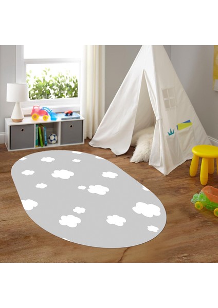 Dijital Baskılı Kaymaz Yıkanabilir Eğlenceli Eğitici Oval Çocuk Odası Halısı, N-O-Çocuk-08-Gri,