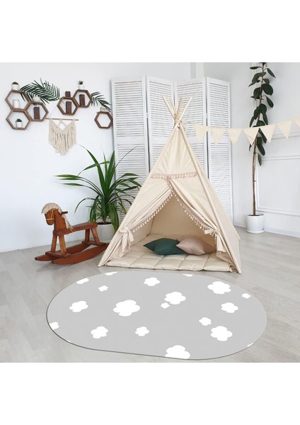 Dijital Baskılı Kaymaz Yıkanabilir Eğlenceli Eğitici Oval Çocuk Odası Halısı, N-O-Çocuk-08-Gri,
