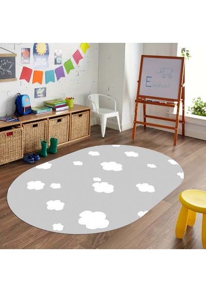 Dijital Baskılı Kaymaz Yıkanabilir Eğlenceli Eğitici Oval Çocuk Odası Halısı, N-O-Çocuk-08-Gri,