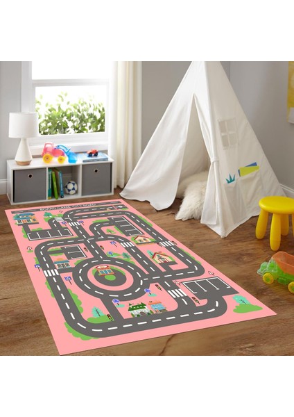 Dijital Baskılı Kaymaz Taban Yıkanabilir Eğlenceli Eğitici Çocuk Odası Halısı, N-Çocuk-17-Pembe,
