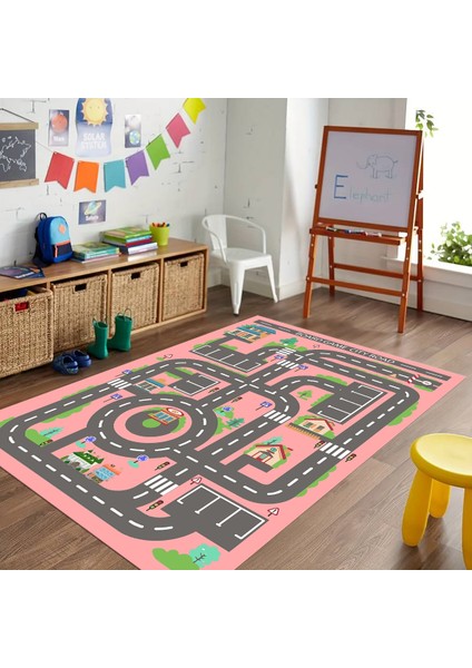 Dijital Baskılı Kaymaz Taban Yıkanabilir Eğlenceli Eğitici Çocuk Odası Halısı, N-Çocuk-17-Pembe,