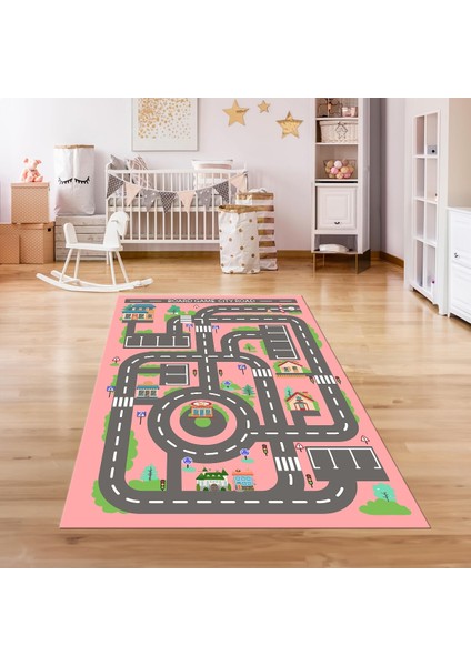 Dijital Baskılı Kaymaz Taban Yıkanabilir Eğlenceli Eğitici Çocuk Odası Halısı, N-Çocuk-17-Pembe,