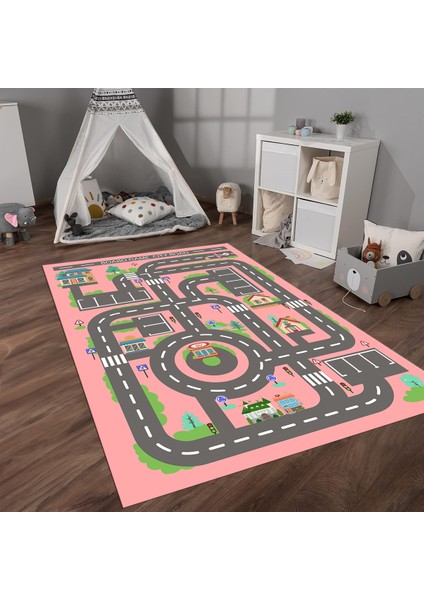 Dijital Baskılı Kaymaz Taban Yıkanabilir Eğlenceli Eğitici Çocuk Odası Halısı, N-Çocuk-17-Pembe,