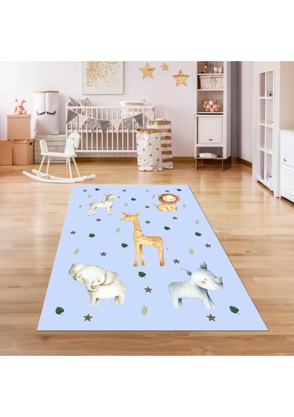 Dijital Baskılı Kaymaz Taban Yıkanabilir Eğlenceli Eğitici Çocuk Odası Halısı, N-Çocuk-35-Mavi,