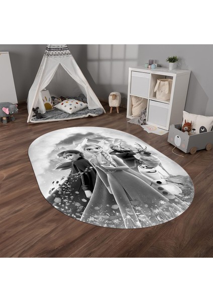 Dijital Baskılı Kaymaz Yıkanabilir Eğlenceli Eğitici Oval Çocuk Odası Halısı, N-O-Çocuk-42-Gri,