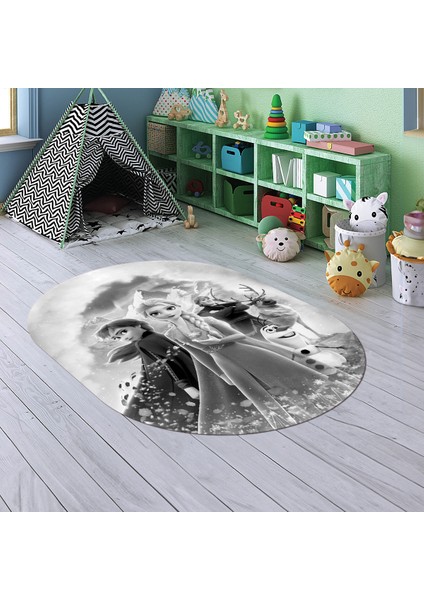 Dijital Baskılı Kaymaz Yıkanabilir Eğlenceli Eğitici Oval Çocuk Odası Halısı, N-O-Çocuk-42-Gri,