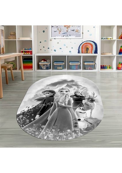 Dijital Baskılı Kaymaz Yıkanabilir Eğlenceli Eğitici Oval Çocuk Odası Halısı, N-O-Çocuk-42-Gri,