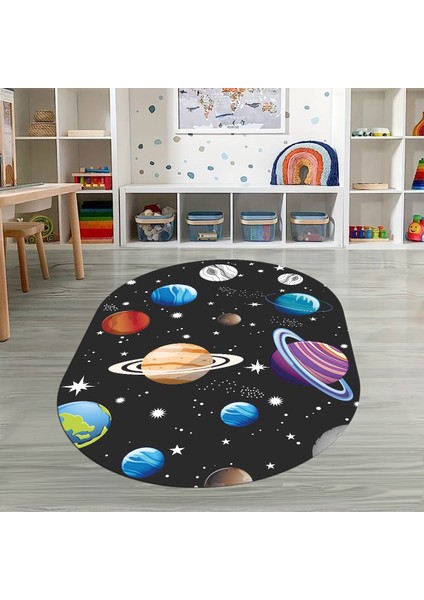 Dijital Baskılı Kaymaz Yıkanabilir Eğlenceli Eğitici Oval Çocuk Odası Halısı, N-O-Çocuk-38-Antrasit,