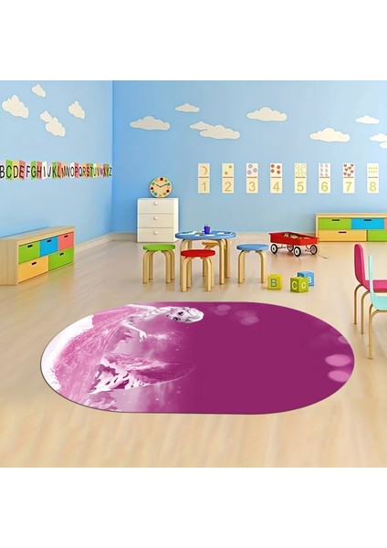 Dijital Baskılı Kaymaz Yıkanabilir Eğlenceli Eğitici Oval Çocuk Odası Halısı, N-O-Çocuk-43-Mor,