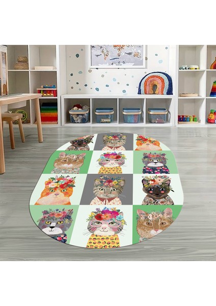 Dijital Baskılı Kaymaz Yıkanabilir Eğlenceli Eğitici Oval Çocuk Odası Halısı, N-O-Çocuk-11-Yeşil,