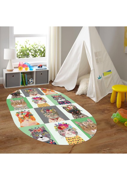 Dijital Baskılı Kaymaz Yıkanabilir Eğlenceli Eğitici Oval Çocuk Odası Halısı, N-O-Çocuk-11-Yeşil, fiyatları