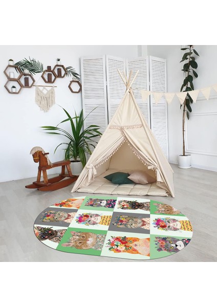 Dijital Baskılı Kaymaz Yıkanabilir Eğlenceli Eğitici Oval Çocuk Odası Halısı, N-O-Çocuk-11-Yeşil, modelleri