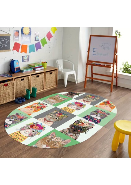 Dijital Baskılı Kaymaz Yıkanabilir Eğlenceli Eğitici Oval Çocuk Odası Halısı, N-O-Çocuk-11-Yeşil, fırsatları