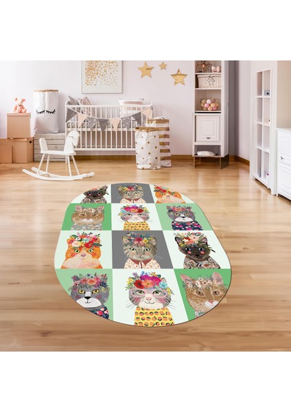 Dijital Baskılı Kaymaz Yıkanabilir Eğlenceli Eğitici Oval Çocuk Odası Halısı, N-O-Çocuk-11-Yeşil, indirimleri