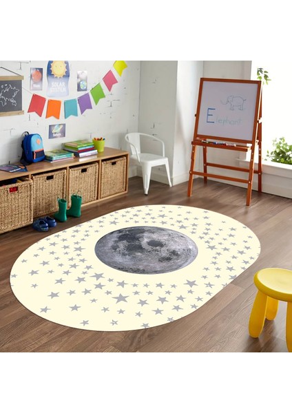 Dijital Baskılı Kaymaz Yıkanabilir Eğlenceli Eğitici Oval Çocuk Odası Halısı, N-O-Çocuk-27-Krem,