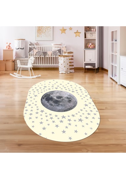 Dijital Baskılı Kaymaz Yıkanabilir Eğlenceli Eğitici Oval Çocuk Odası Halısı, N-O-Çocuk-27-Krem,