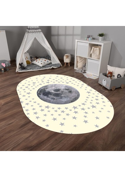 Dijital Baskılı Kaymaz Yıkanabilir Eğlenceli Eğitici Oval Çocuk Odası Halısı, N-O-Çocuk-27-Krem,