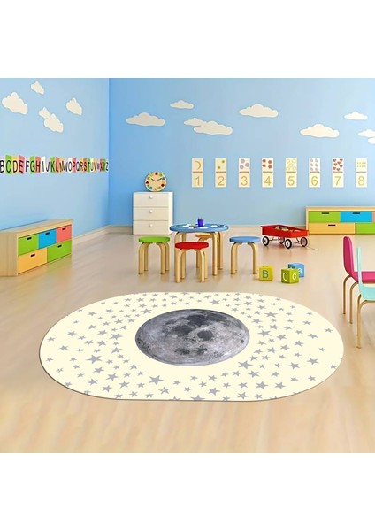 Dijital Baskılı Kaymaz Yıkanabilir Eğlenceli Eğitici Oval Çocuk Odası Halısı, N-O-Çocuk-27-Krem,