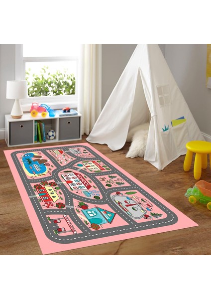 Dijital Baskılı Kaymaz Taban Yıkanabilir Eğlenceli Eğitici Çocuk Odası Halısı, N-Çocuk-02-Pembe, modelleri