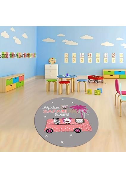 Dijital Baskılı Kaymaz Yıkanabilir Eğlenceli Yuvarlak Çocuk Odası Halısı, N-Y-Çocuk-01-Pembe,