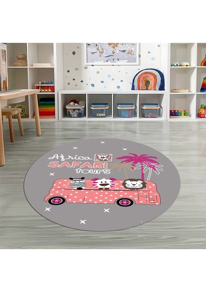 Dijital Baskılı Kaymaz Yıkanabilir Eğlenceli Yuvarlak Çocuk Odası Halısı, N-Y-Çocuk-01-Pembe,