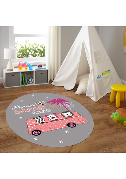 Dijital Baskılı Kaymaz Yıkanabilir Eğlenceli Yuvarlak Çocuk Odası Halısı, N-Y-Çocuk-01-Pembe,