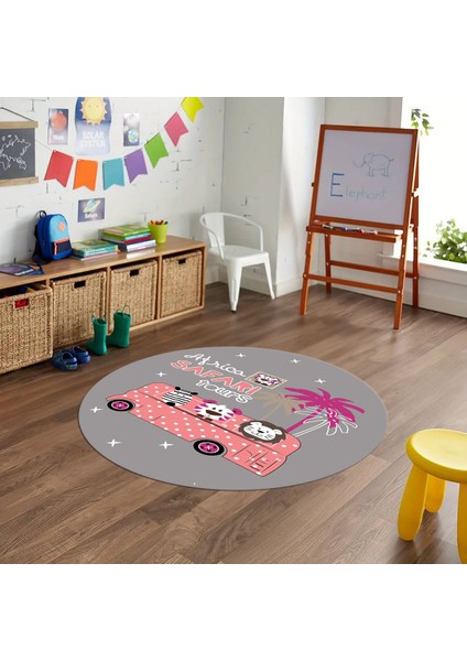 Dijital Baskılı Kaymaz Yıkanabilir Eğlenceli Yuvarlak Çocuk Odası Halısı, N-Y-Çocuk-01-Pembe,