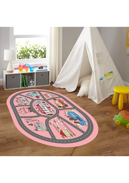 Dijital Baskılı Kaymaz Yıkanabilir Eğlenceli Eğitici Oval Çocuk Odası Halısı, N-O-Çocuk-02-Pembe,